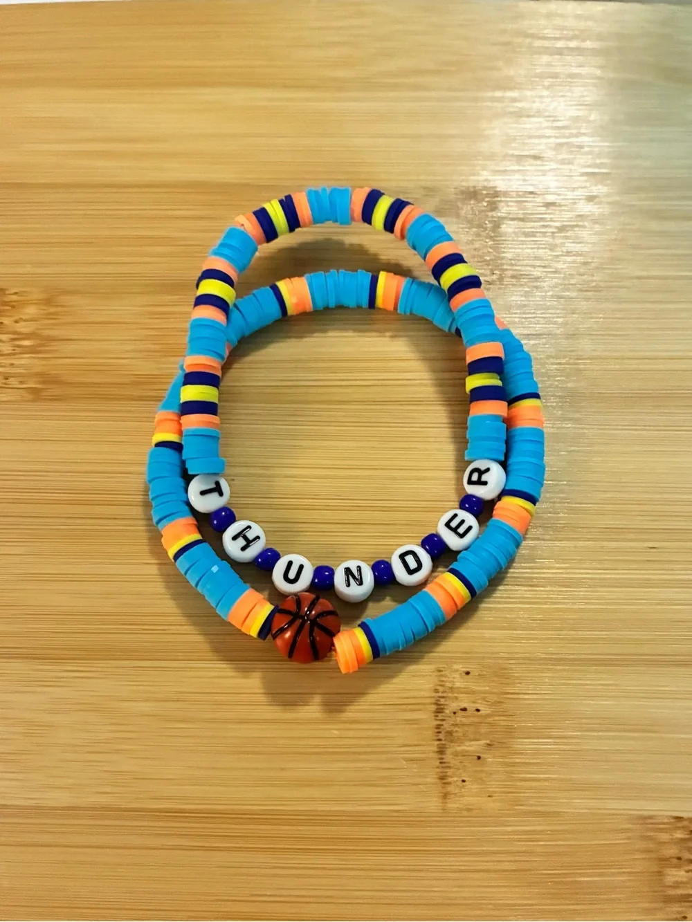 Blue Orange Sports Bead Bracelet Set with ‘THUNDER’ Lettering